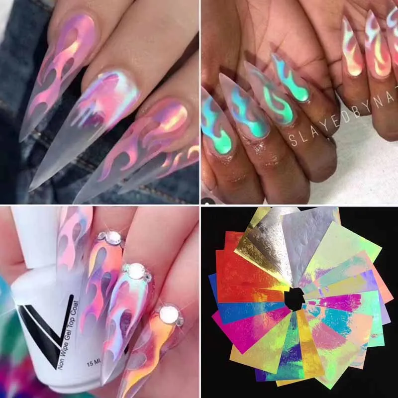 

1 set of 16 color explosion manicure flame stickers laser stickers with back glue Aurora flame stickers