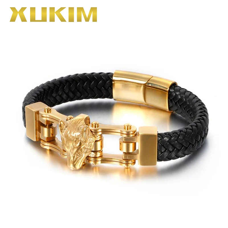 XB401 3 Xukim ювелирные изделия черный кожаный браслет Лев животное волк