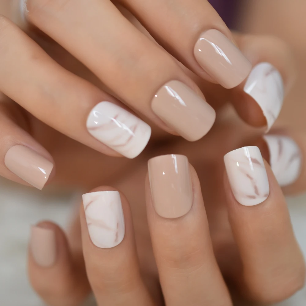 Uñas postizas de color caqui para oficina y hogar, uñas postizas con patrón  de mármol desnudo, 24 piezas|Uñas postizas| - AliExpress