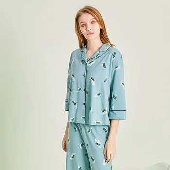 

Pajamas Women's Cropped Sleeves with Cropped Pants Pajamas Set for Summer Cotton Home Suit Large Size Loose Pajama Sets Women