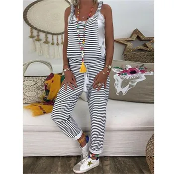 

Women Sleeveless Stripe Suspender Pant Jumpsuit Overalls