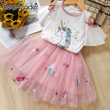 Bear Leader/нарядное платье для девочек; новое летнее Модное детское платье для девочек; футболка с вышитым единорогом и платье; одежда для детей