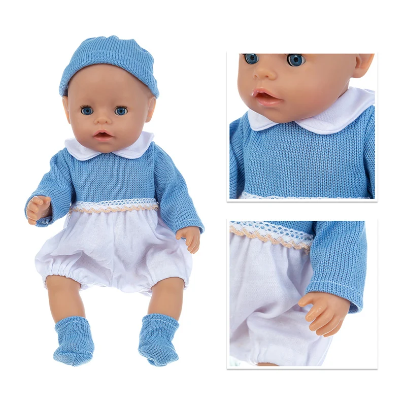

2020 New Fit 18 inch Blue Doll Clothes Accessories Baby New Born Hat Blue Hat Pajamas 3 Piece Suit For Baby Birthday Gift