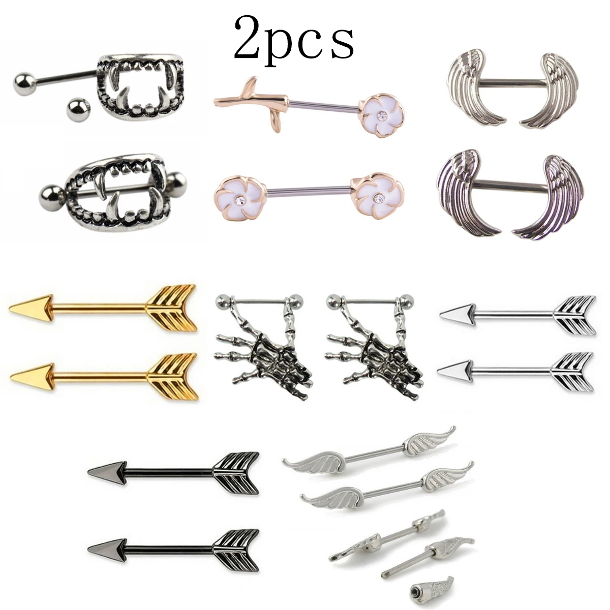 2 pçs nipple piercing barbell 14g crânio flor seta nipple escudo encantador nipple anéis para o corpo feminino piercing jóias