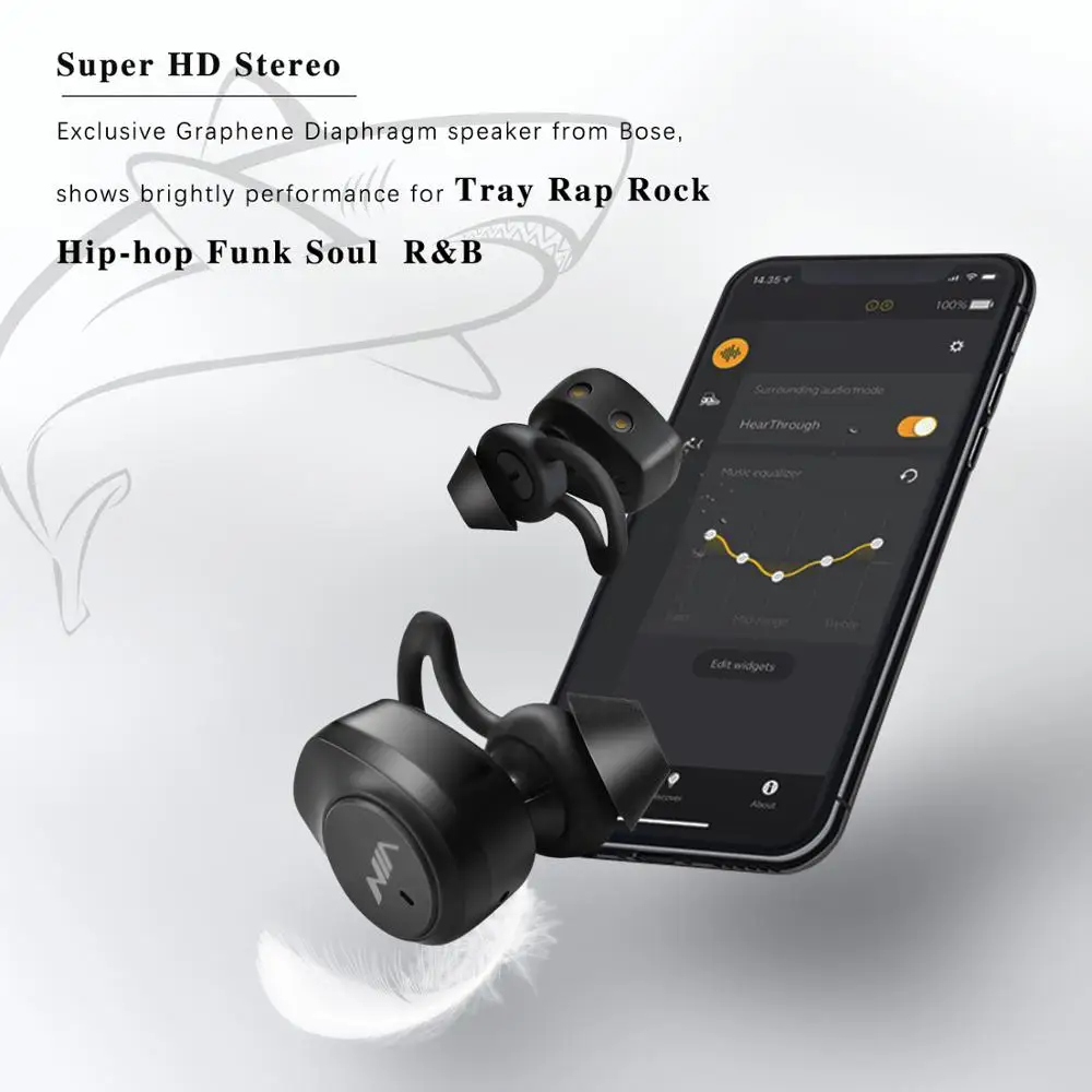 NIA Bluetooth Earphone Sport Earbuds Anti-lost Shark Fin High Quality Deep Bass Hi-Fi earphone Long Playing Time Charging Box