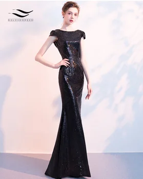 

Sexy Stretch Floor Length 2019 Cap Sleeves Black Sequin Mermaid Evening Dress Party Wedding vestido de fiestaSLD-S012