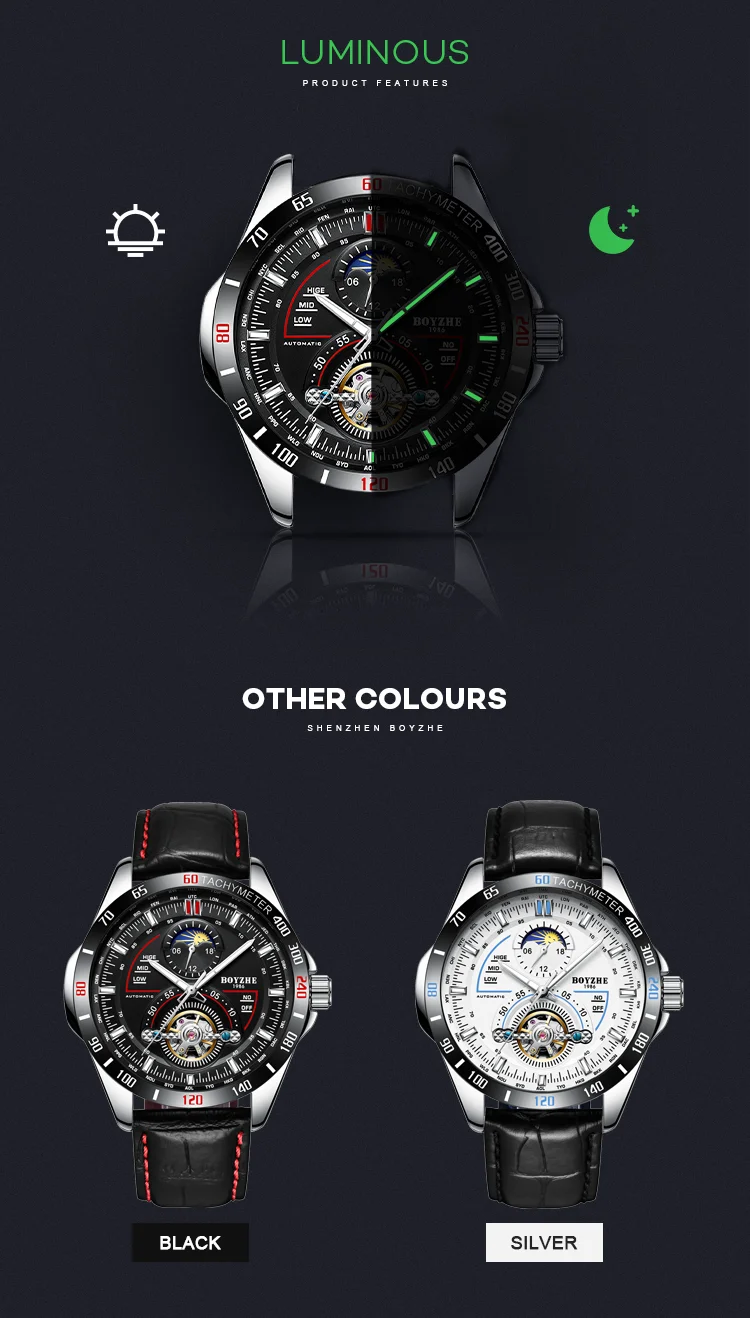 BOYZHE новые часы Tourbillon Мужские автоматические механические часы мужские деловые часы водонепроницаемые часы кожаный ремень светящаяся указка