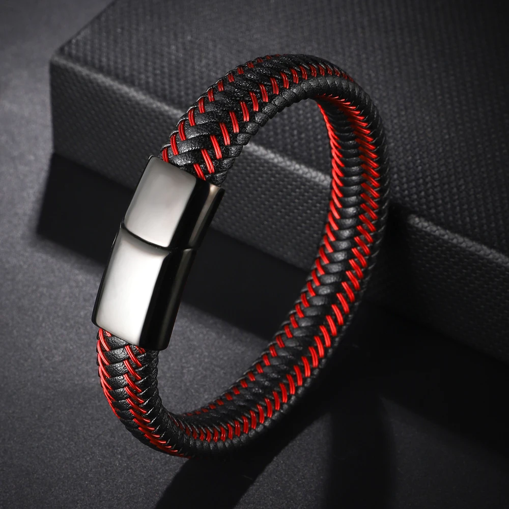 Trendy Men's Red Blue Genuine Leather Bracelet Stainless Steel Magnet Clasp Couples Jewelry Gifts for Unisex - Image 5