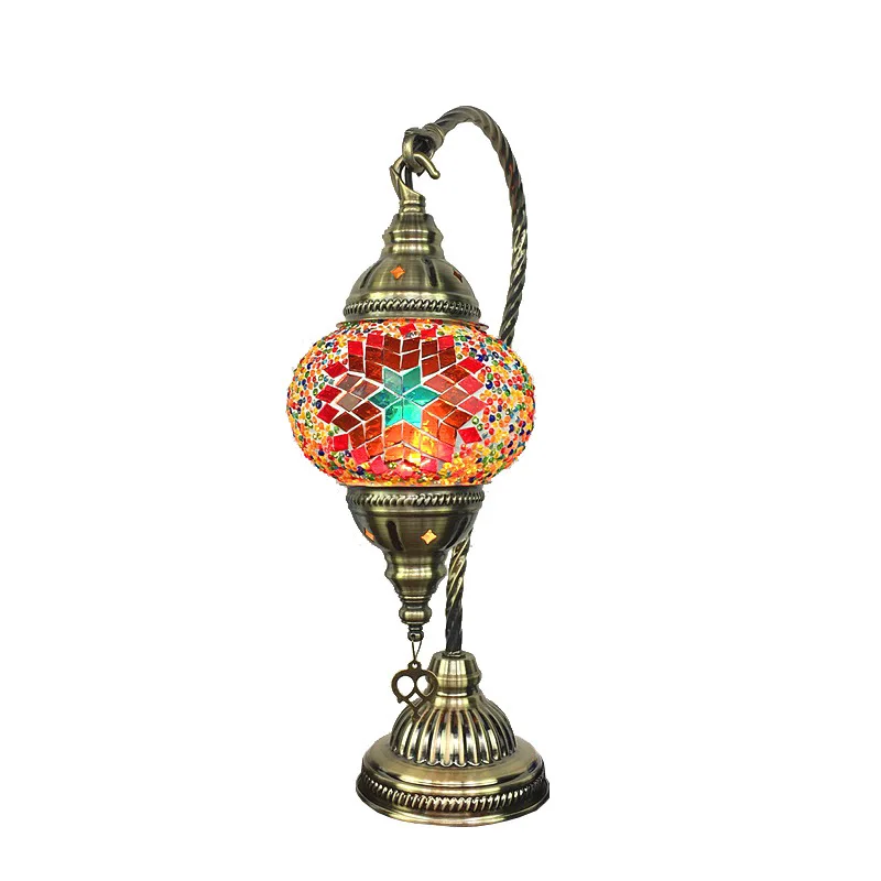 

Vintage Romantic Morocco Turkish Style Retro Lamp Handmade Stained Glass Ball Shade E27 LED Masac Brown Brushed Iron Desk Lamp