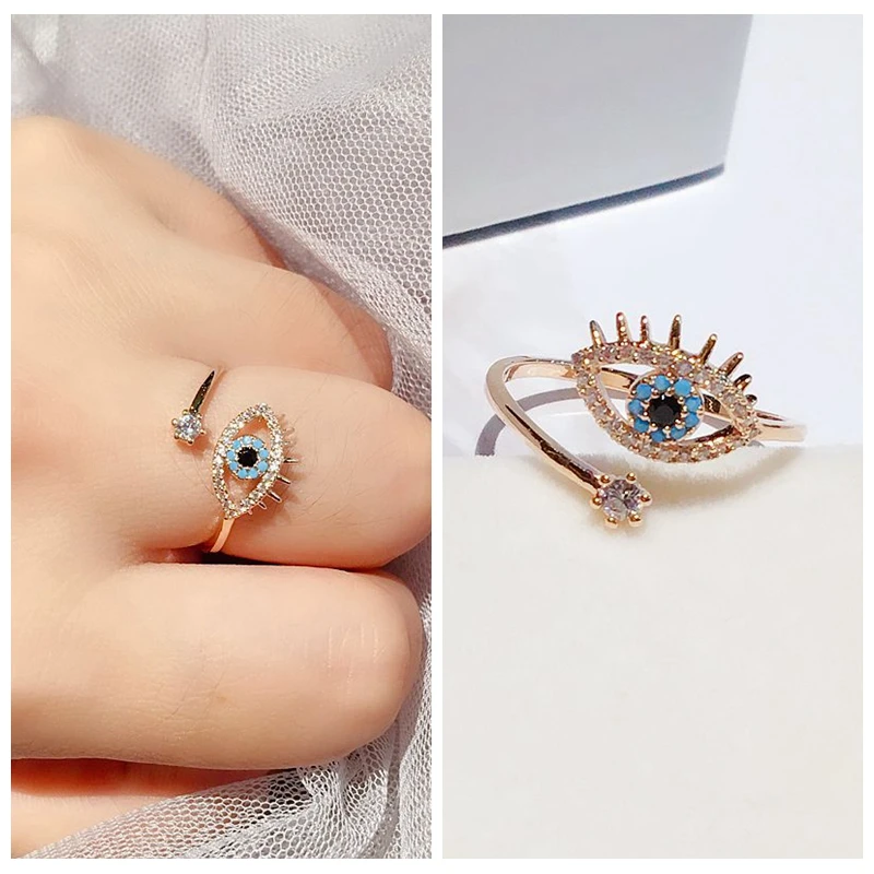 Женское кольцо со злым глазом регулируемое из розового золота с микро фианитом |