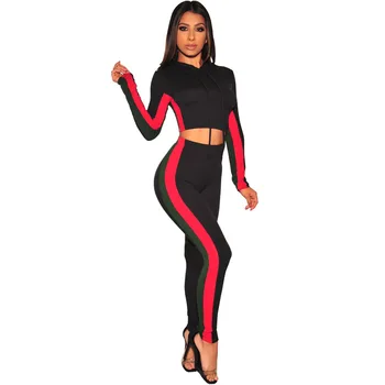 

Hooded Side Striped Color Patchwork Skinny Sport 2 piece Sets Women Long Sleeve Lace Up Crop Top Long Skinny Pants Jumpsuits