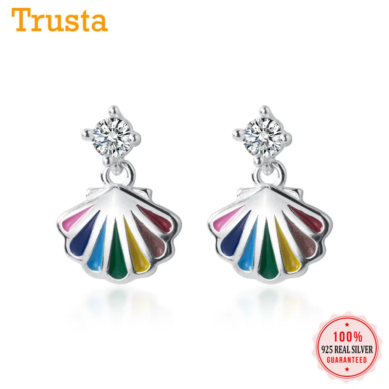 

Womens Shell Earrings 925 Solid Real Sterling Silver Multicolored Scallop CZ Stud Earring For Girl Kid Fashion Jewelry DA352