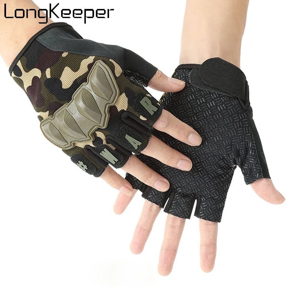 LongKeeper Men Tactical Gloves Military Camouflage Fingerless Guantes Anti-Slip Outdoor Sports Cycling Half Finger Mittens Luvas