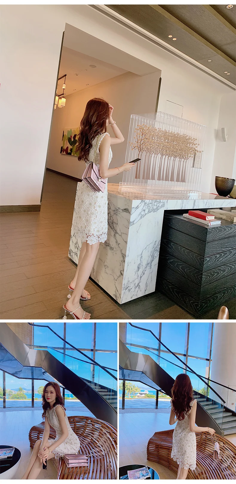 Women Lace Embroidery Dresses For Party 2021 Women'S Summer New Temperament Slim Round Neck High Waist Fashion Dress Office Lady