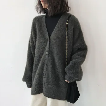 

Sweaters For Women 2020 New Korean Version Of Mink Velvet V-neck Knitted Cardigan With Loose And Lazy Sweater Coat