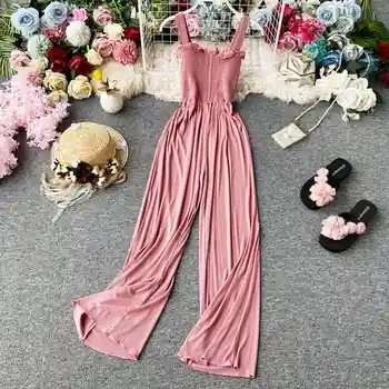 

New Summer Loose Ruffles Pleated Strapless women jumpsuit Elegant High Waist Wide Leg Pants Slim Sleeveless Beach jumpsuits