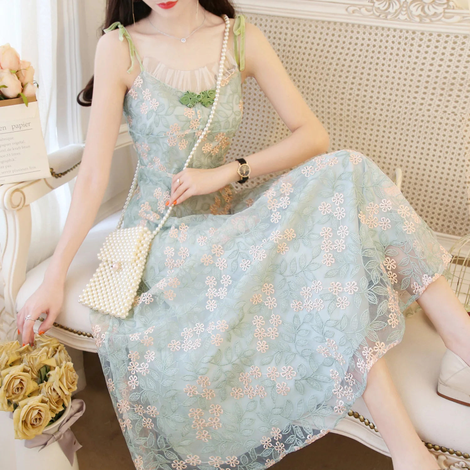 

CHIC Gentle Mori Girl Summer Matcha Green Dress Vintage Flower Lace Embroidered Camisole Fairy Long Skirts