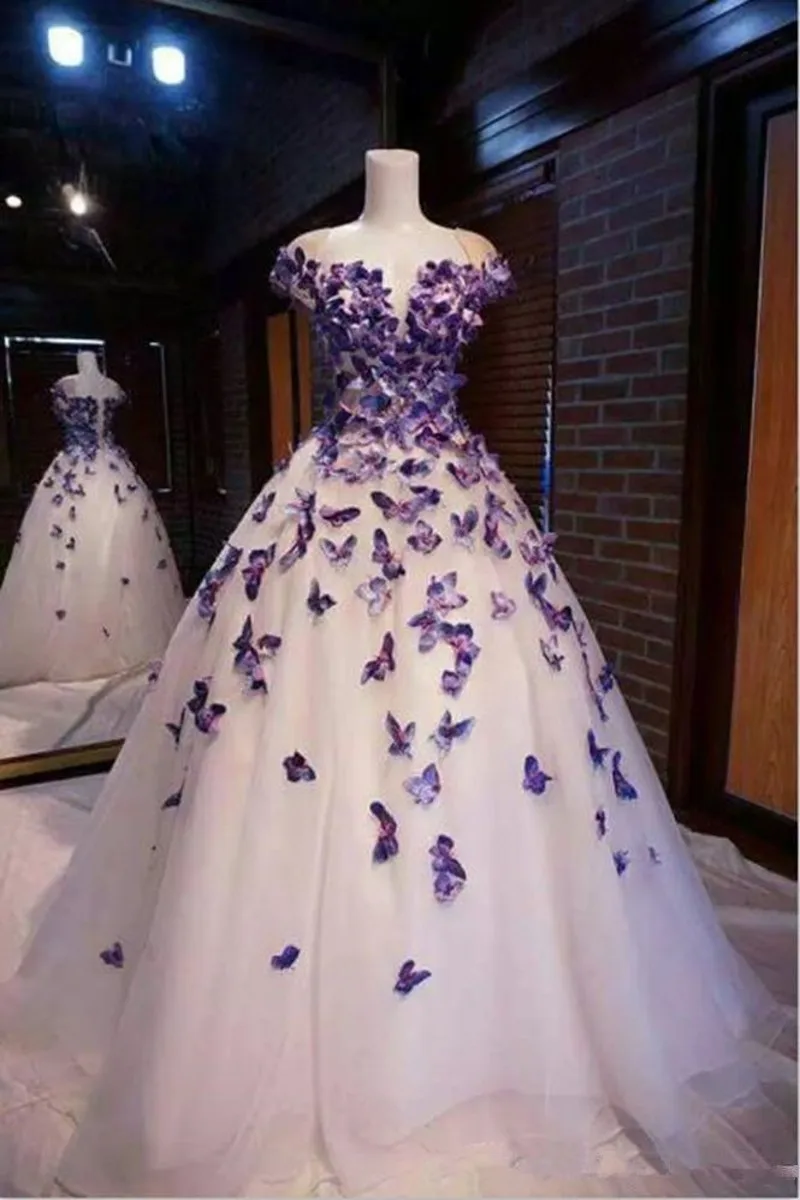 New Prom Dresses with Purple Butterfly Tulle A Line Off the Shoulder Evening Gowns vestidos de fiesta pink prom dress