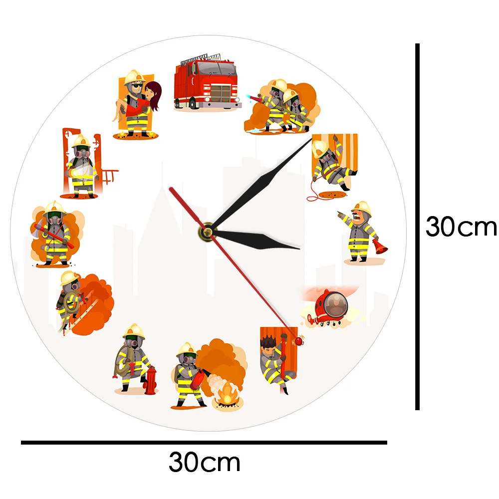 Мультяшные настенные художественные часы пожарный и спасательный пожарный отдел декор настенные часы комический стиль пожарная команда акриловые часы