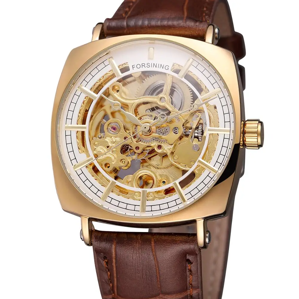 

FORSINING WATCH Fashion casual men's watch gold quadrangle square case white dial brown leather strap automatic mechanical watch