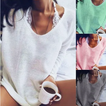 

2019 Fashion Warm Women Long Sleeve V Neck Casual Knitted Sweater Jumper Pullover Loose Tops c820
