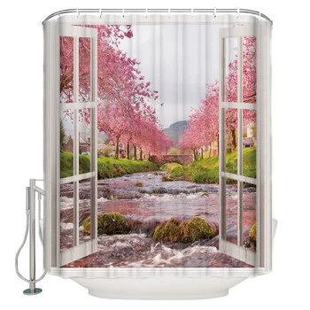 

Creative Window Views Cherry Blossoms Blooming By The River Shower Curtain Waterproof Polyester With 12 Hooks