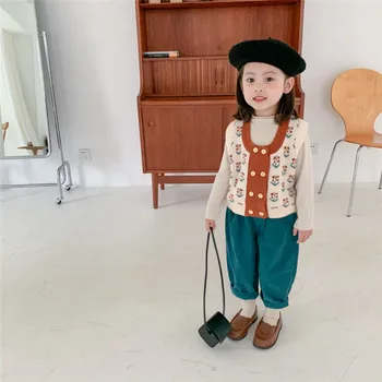 

Korean Popular Baby Girls Fashion Retro Vest Flower Knitted Cardigan Children Double-breasted Sweater Waistcoat