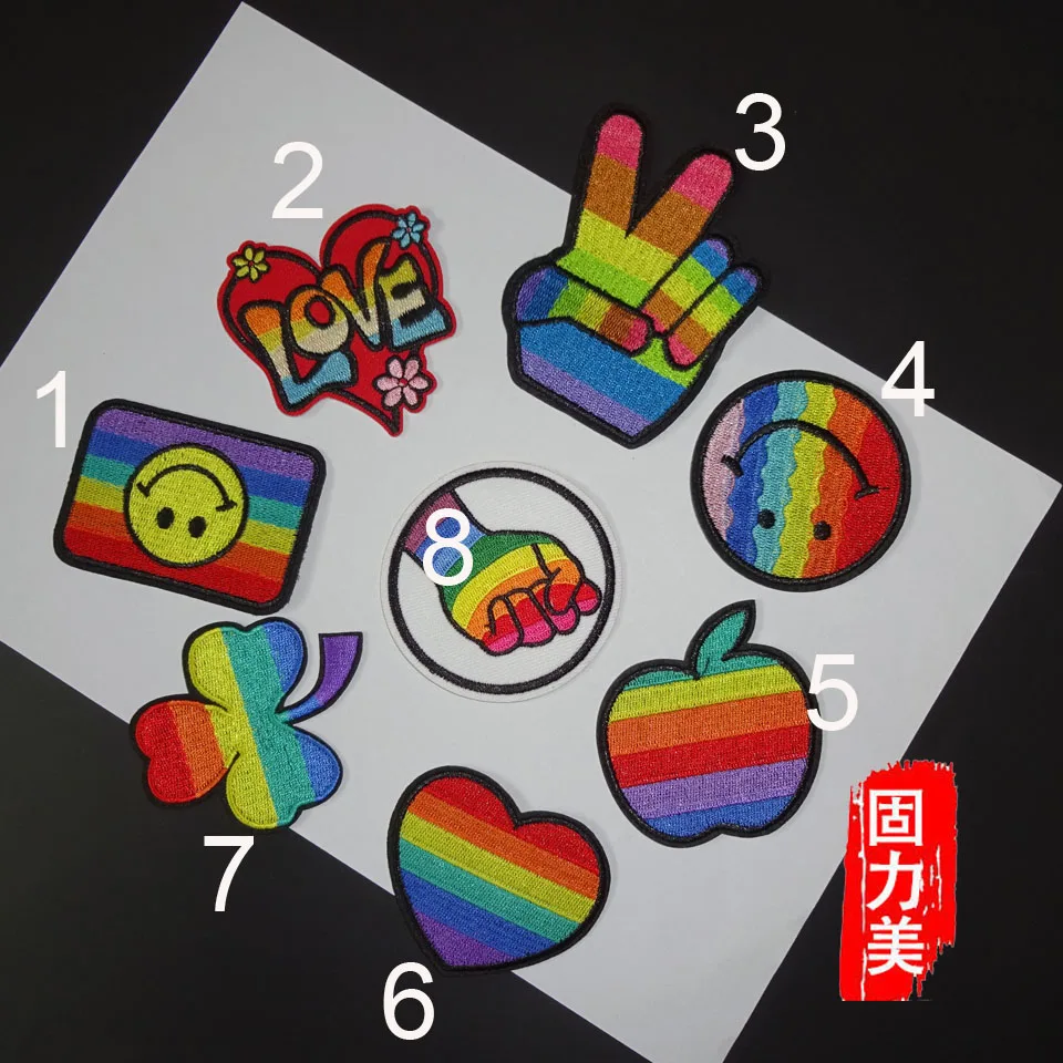 

Cheap price 1pc rainbow mix color patches with victory hand simling face grass leaf apple loving heart patch