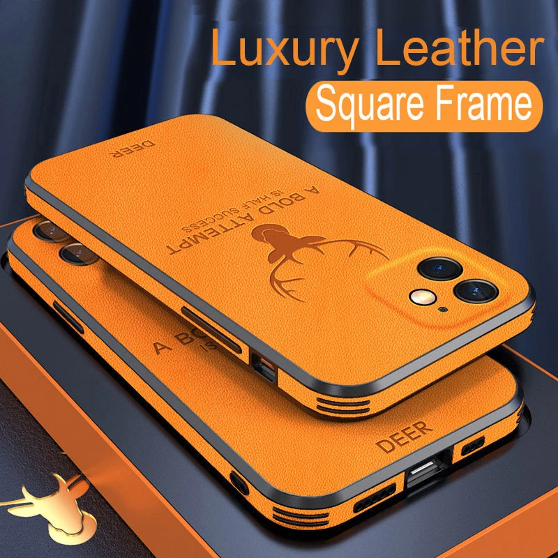 Luxury Leather Texture Square Frame Case For iPhone 12 11 Pro Max 12 Mini X XR XS Camera Protection Deer Shockproof Phone Cover iphone 12 mini clear case