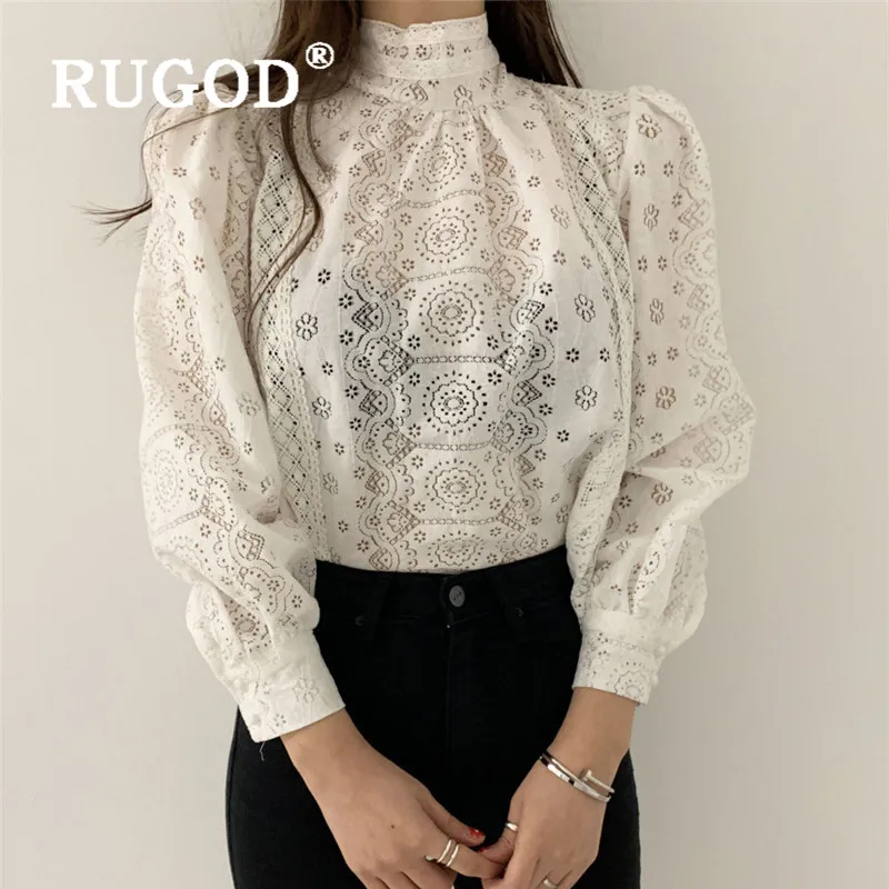 RUGOD Весенняя кружевная блузка, женские блузки с длинным рукавом, элегантный сексуальный топ, корейская модная одежда, рубашка со стоячим воротником