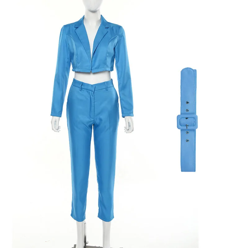 Blue Осенне-зимние женские спортивные костюмы, короткие блейзеры, длинные штаны, офисные женские комплекты с длинным рукавом, неоновая уличная одежда GV618 - Цвет: Blue