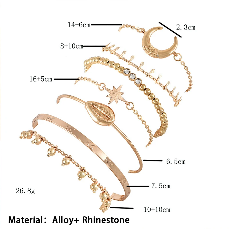 7 шт., Boho, металлический корпус, луна, браслеты с подвесками и Набор браслетов, Женские аксессуары, этнические ювелирные изделия, панк, Золотая цепочка, нарукавная повязка, браслеты, Mujer