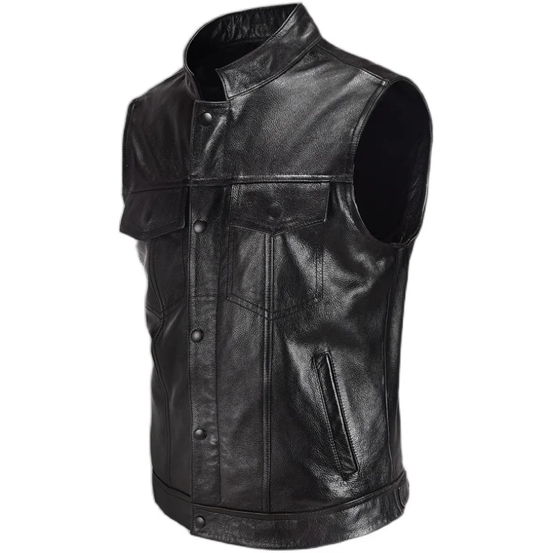 

Black Natural Cowhide Vest Sons Of Anarchy Leather Rock Punk Vest Cosplay Costume Black Color Motorcycle Biker Sleeveless Jacket