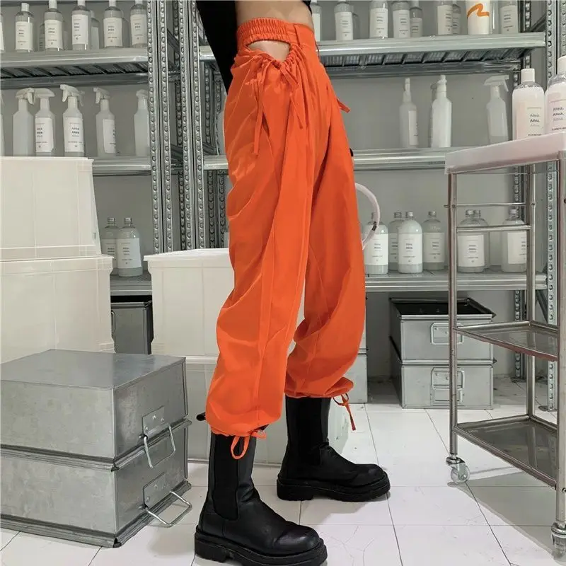 

Ankle Banded Pants Cargo Pants Women's Hollow 2020 Spring Fall Famale High Waist Pants Wide Leg Loose Trousers Orange Streetwear