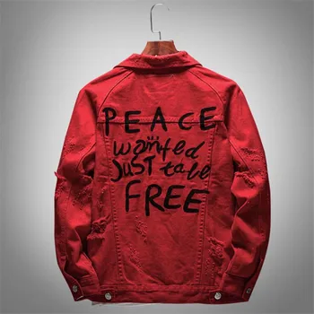 

free delivery 2020 New Men's letters embroidered red jean jacket Holes ripped denim coat Outerwear M L XL XXL XXXL XXXXL