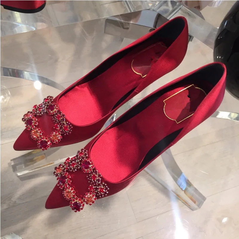 WEIQIAONA/фирменный дизайн; роскошные женские туфли на высоком каблуке с кристаллами; коллекция года; женские туфли с острым носком; свадебные туфли; модельные туфли-лодочки - Цвет: 8cm red