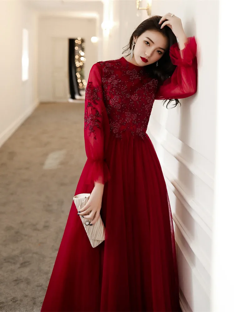 Wine Red Modest Evening Dresses With Long Sleeve Beaded Appliques A-line  Floor-length Tulle Long Formal Gowns For Women - AliExpress 320