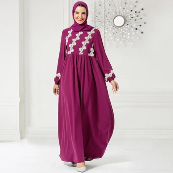 

Siskakia Fashion Lace Leaf embroidered Arabian Long Dress High Waist Draped Swing Muslim Women's Maxi Dresses Purple Fall 2019