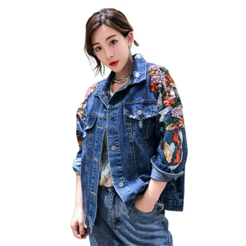 

2019 Autumn Cowboy Clothes Embroidery Sleeve Nail Pearl Paillette Cowboy Loose Coat Women Woman Streetwear Riverdale Jackets