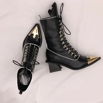 

2020 Gold Pointed Toe knight boots female motorcycle boots block high-heeled ankle boots Women Shoes Winter