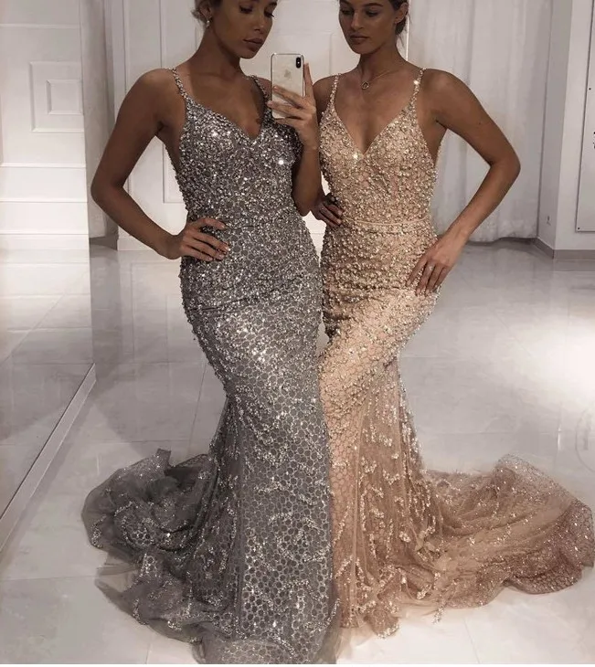 

Grey Luxury Sexy Mermaid Evening Dresses 2020 Diamond Beading Off Shoulder Formal Dress Real Photo