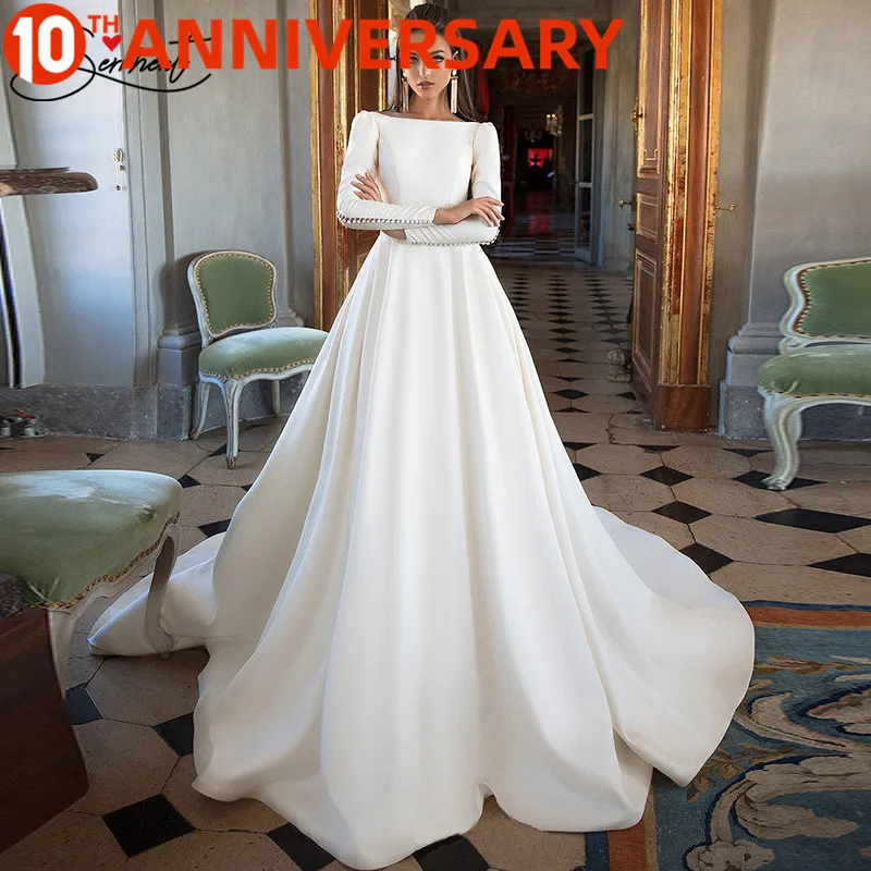 

OllyMurs Long Sleeve Satin Wedding Dress 2019 High Collar Soft Satin Chapel Train Backless Regular Free Custom Made Plus Size
