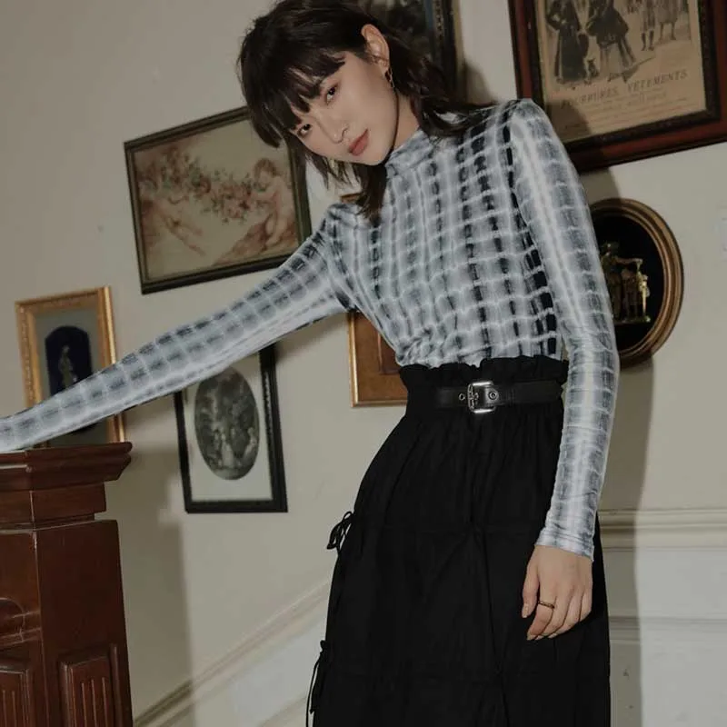 2020 Summer Women Designer Tie Dye Print T Shirt Korean One-Piece Turtle Neck Long Sleeve Underwear Clothing Top Female