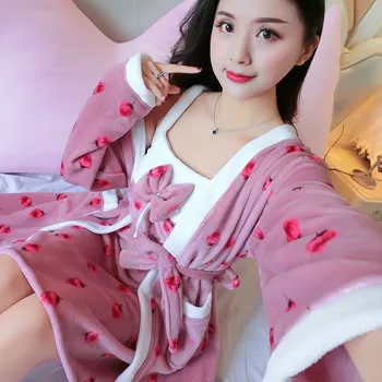 

Pink Kimono Robe Set Female Coral Fleece Soft Long Sleeve Homewear Winter 2PCS Nightwear Flower Sleepwear Thick Home Clothing