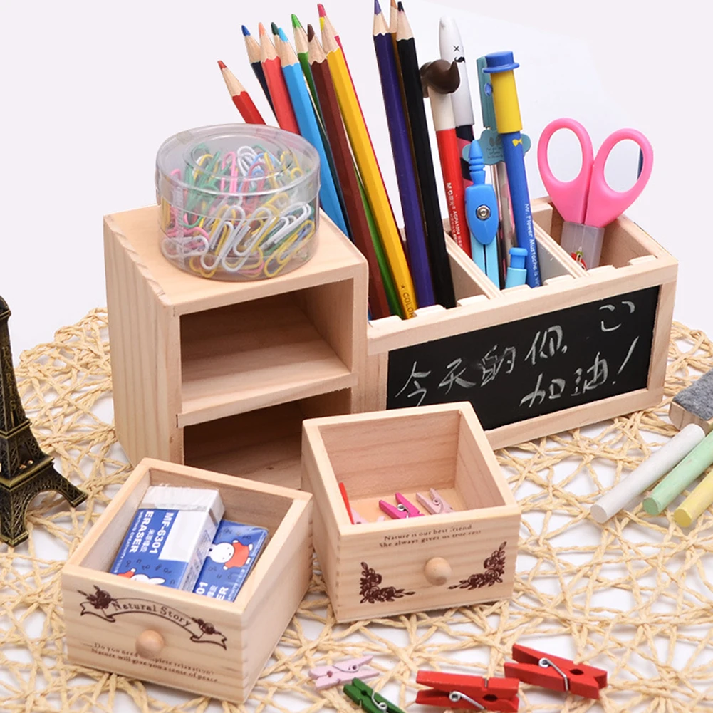 

Wooden Pen Holder Desktop Storage Box Cosmetics Sundries Organization Stationery Box with Blackboard Desktop Drawer Organizer