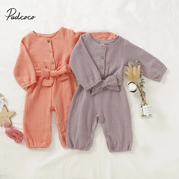 

0-24M Big Bow Cotton Linen Romper for Newborns Baby Girl Clothes 2019 New Autumn Winter Long Sleeve Jumper Jumpsuit Outfits