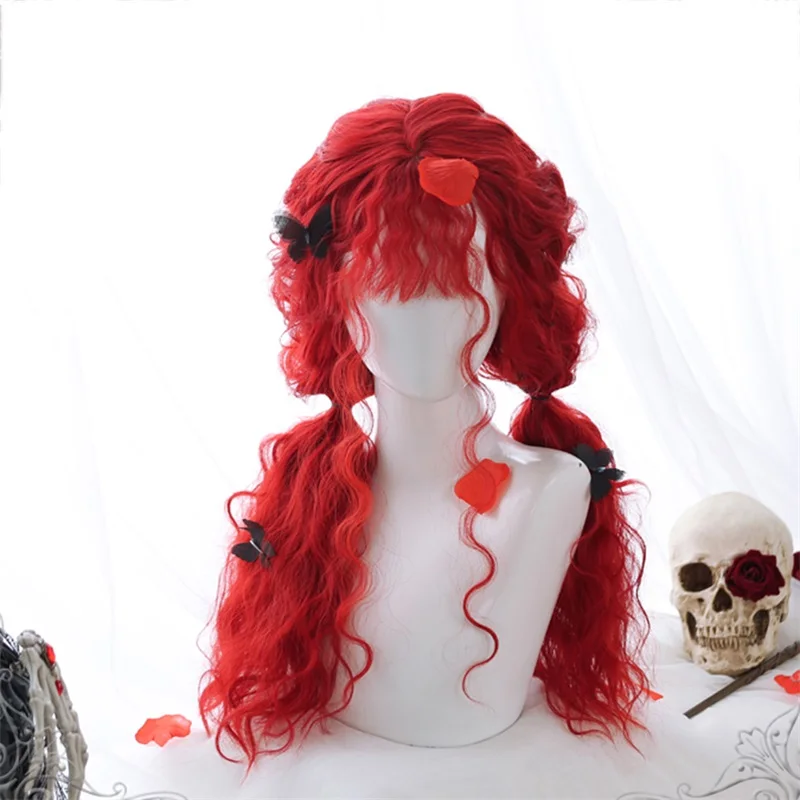 Косплей салон Лолита 70 см длинный курчавый Темный оранжевый красный челка милый Хэллоуин синтетический парик для костюмированной вечеринки