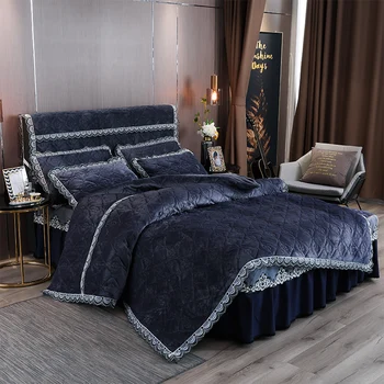 

4/6Pieces Velvet Quilted Duvet Cover Bedskirt Pillow shams Navy Blue, Purple Comforter Cover Warm Luxury Bedding Set for Winter