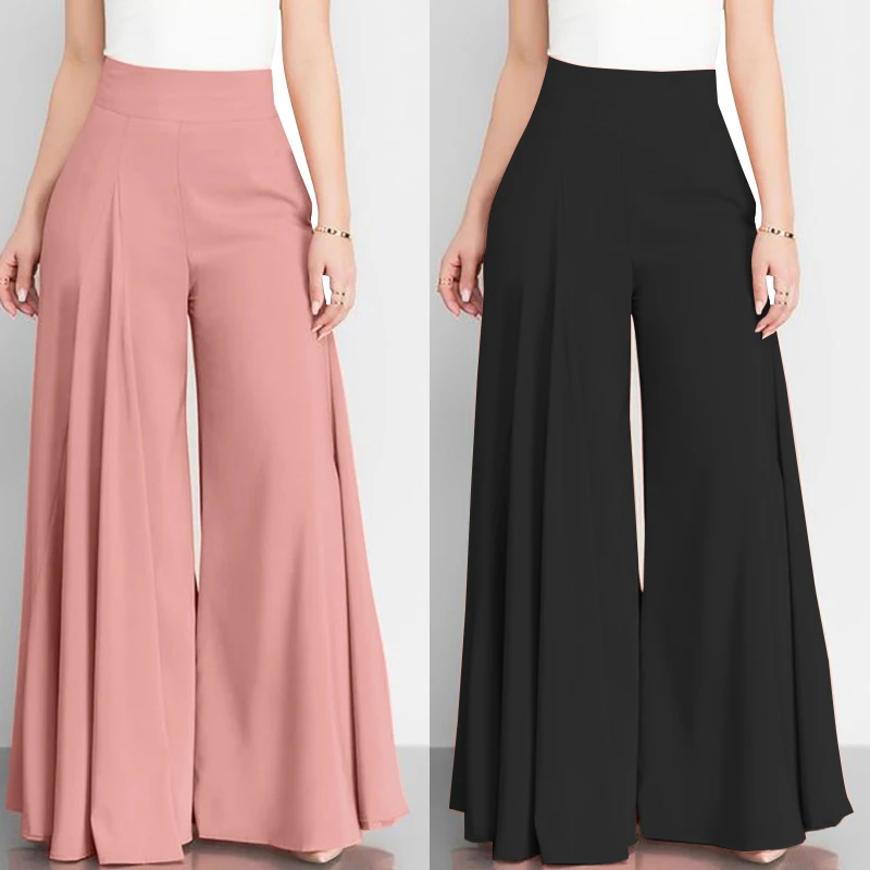 Flare Trousers Leg-Pants Pantalon Palazzo ZANZEA Vintage Elegant Female Wide High-Waist