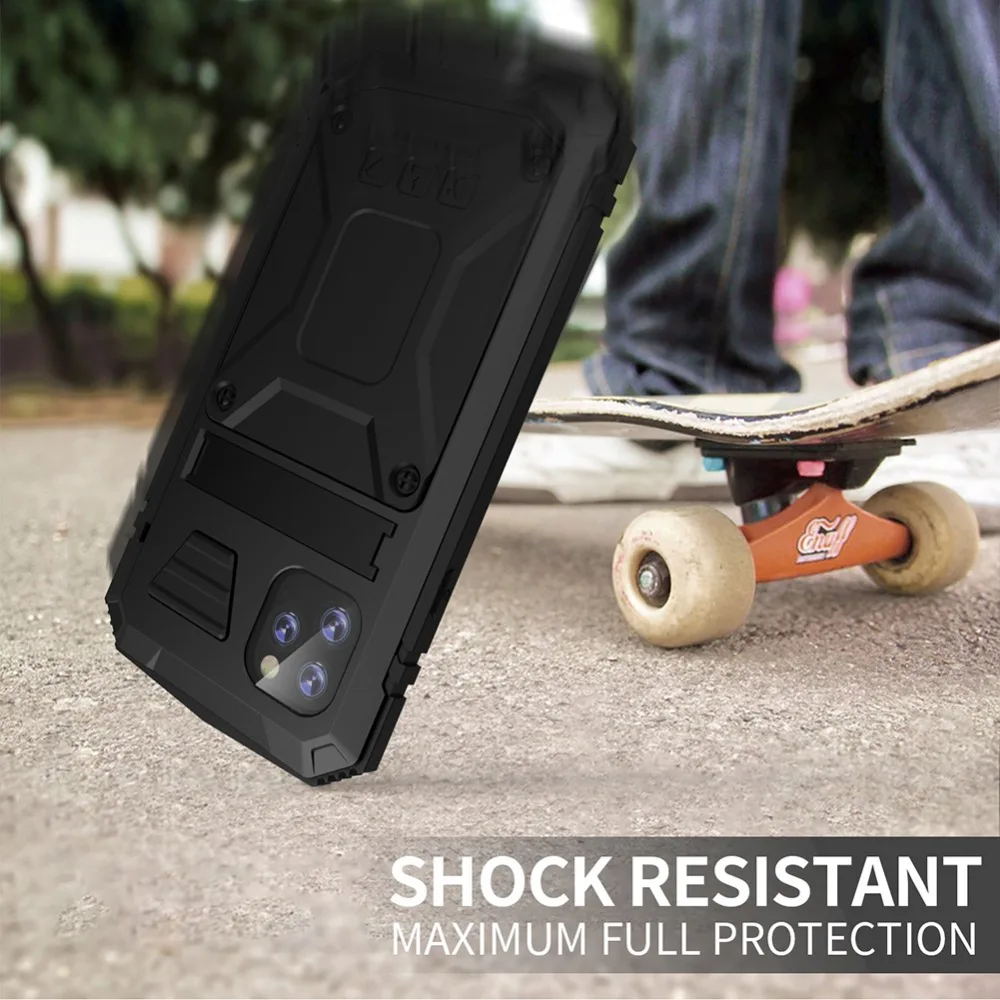 For iPhone 11 Pro Max XS XR XS Max X Metal Aluminum Armor Shockproof Heavy Duty Waterproof Case protective Cover+Tempered glass (8)